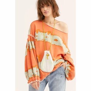 Free People Feels Right Pullover Orange Tie Dye Balloon Sleeve